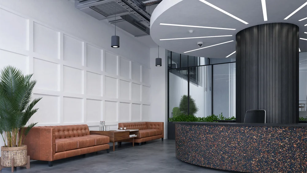 Trimless linear lighting in a reception ceiling